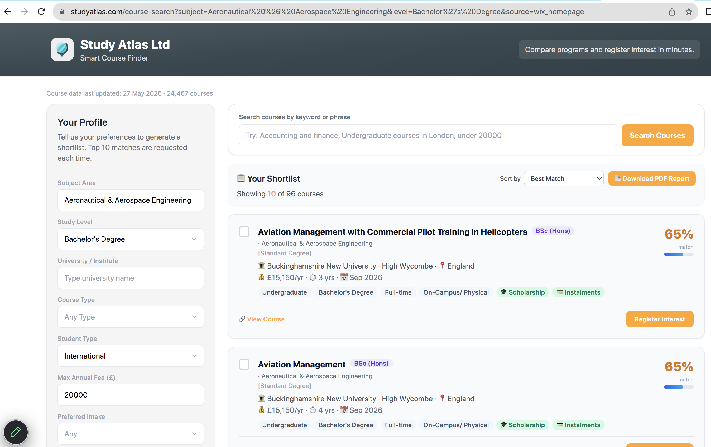Smart Course Finder widget integrated into a course intelligence page